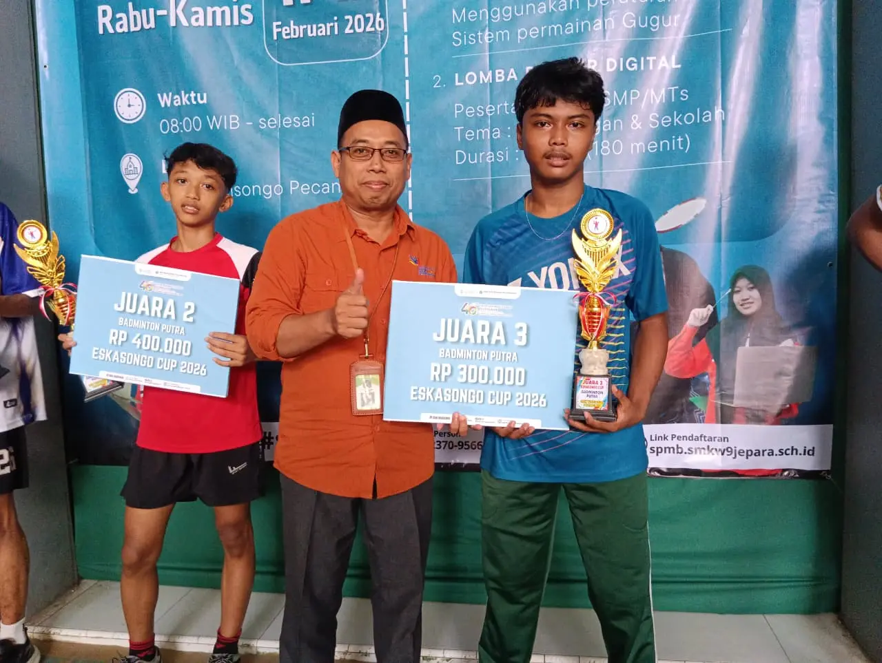 Siswa MTs Walisongo Pecangaan Raih Juara III Lomba Badminton Tunggal Putra Eskasongo Cup 2026